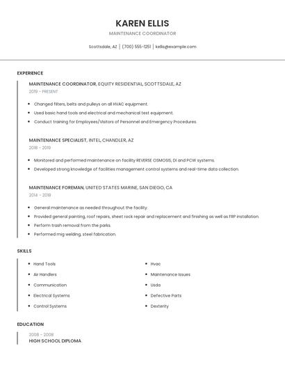 Maintenance Coordinator Resume