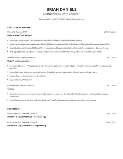 Maintenance Data Analyst Resume