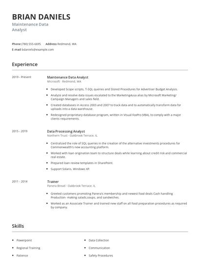 Maintenance Data Analyst Resume