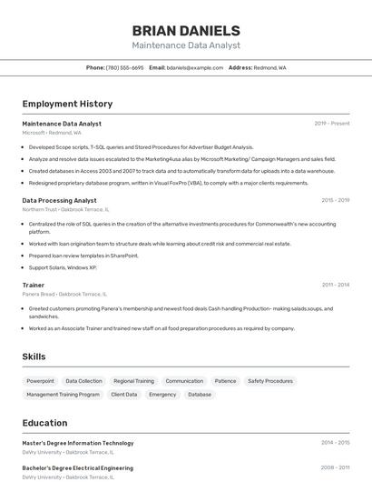 Maintenance Data Analyst Resume