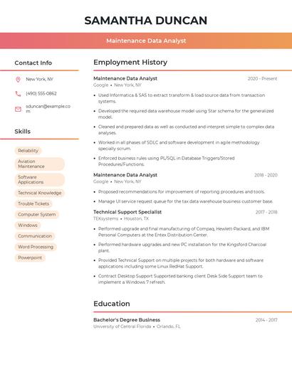 Maintenance Data Analyst Resume