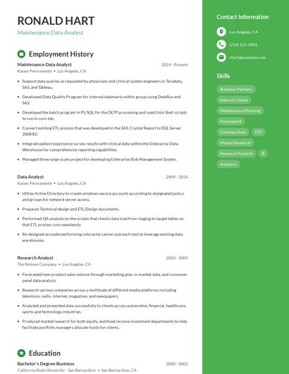 Maintenance Data Analyst Resume