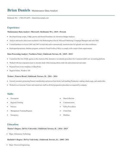 Maintenance Data Analyst Resume