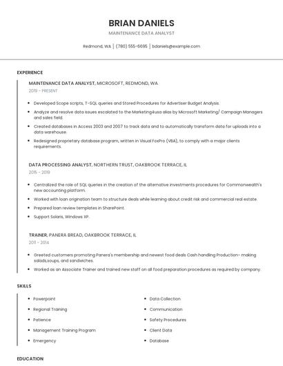Maintenance Data Analyst Resume