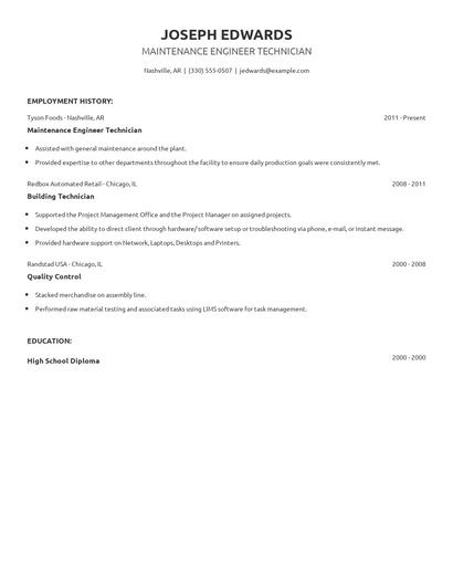 Maintenance Engineer Technician Resume