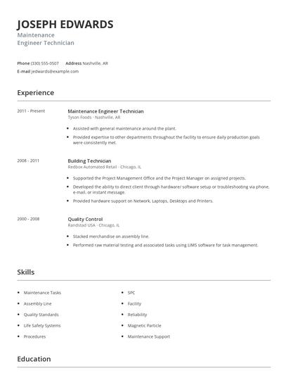 Maintenance Engineer Technician Resume