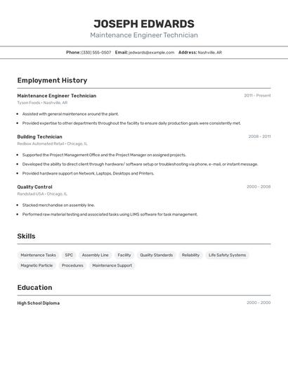 Maintenance Engineer Technician Resume