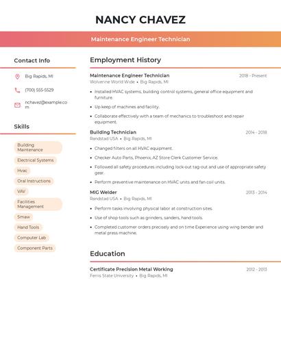 Maintenance Engineer Technician Resume