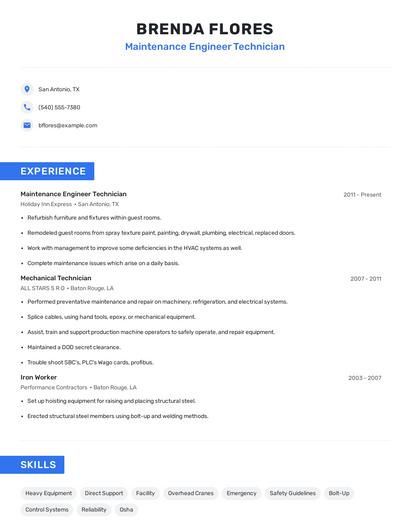 Maintenance Engineer Technician Resume