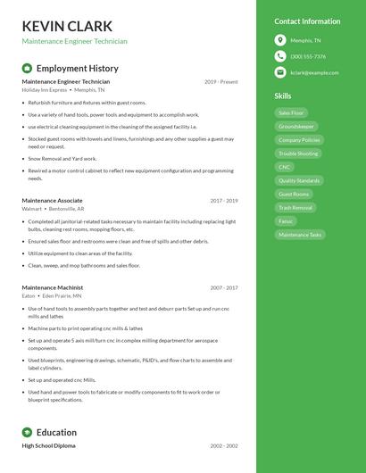 Maintenance Engineer Technician Resume
