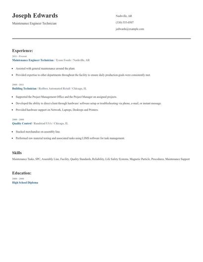Maintenance Engineer Technician Resume
