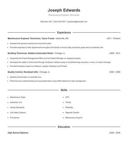 Maintenance Engineer Technician Resume