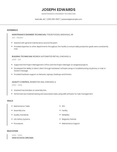 Maintenance Engineer Technician Resume