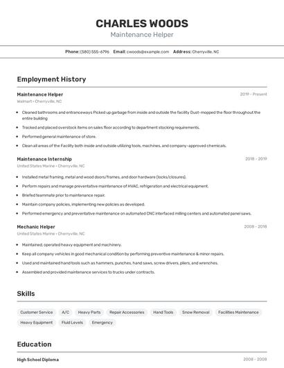 Maintenance Helper Resume