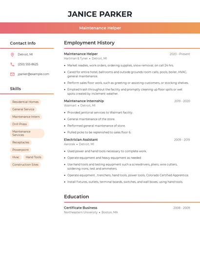 Maintenance Helper Resume