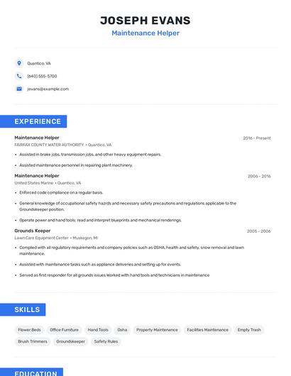 Maintenance Helper Resume