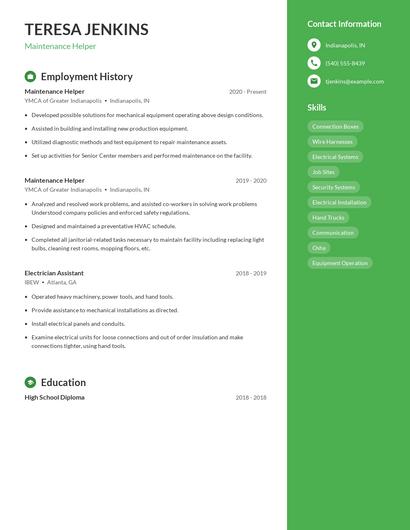 Maintenance Helper Resume
