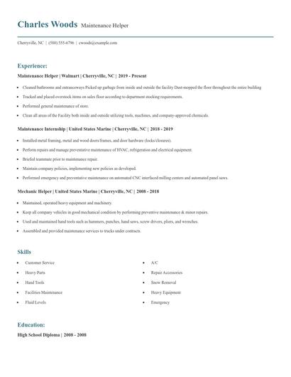 Maintenance Helper Resume