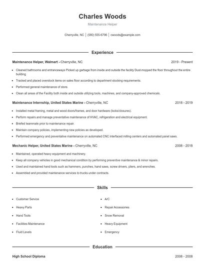 Maintenance Helper Resume