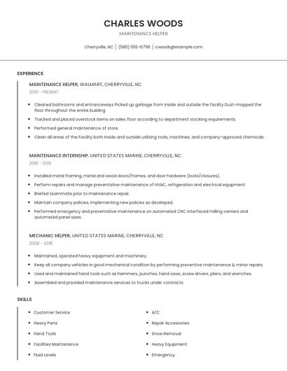 Maintenance Helper Resume