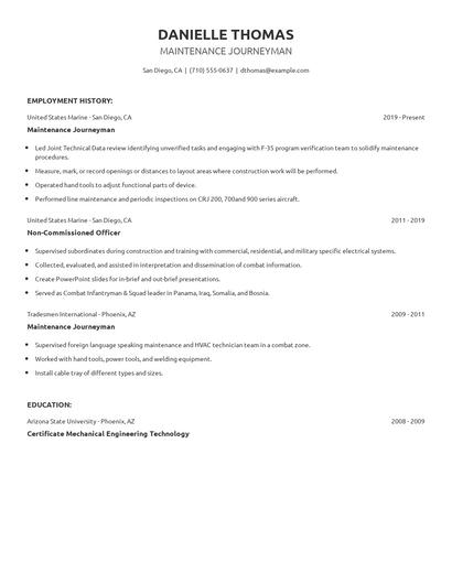 Maintenance Journeyman Resume