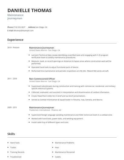 Maintenance Journeyman Resume
