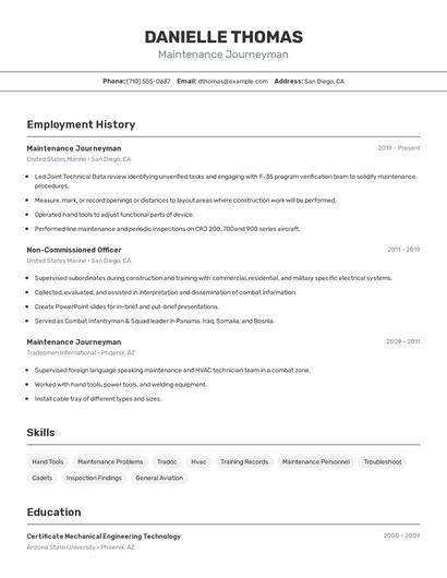 Maintenance Journeyman Resume
