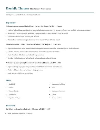 Maintenance Journeyman Resume