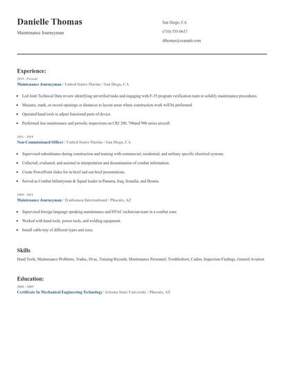 Maintenance Journeyman Resume