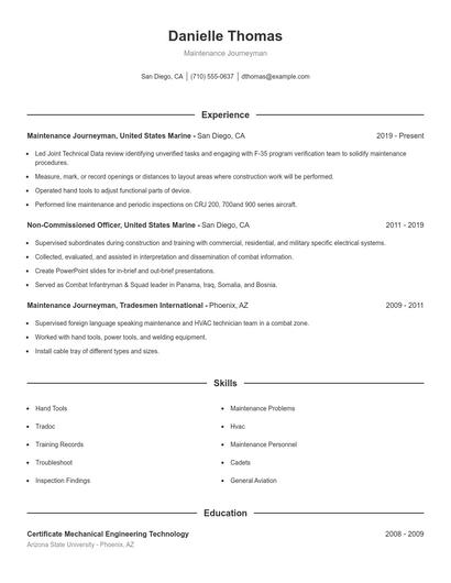 Maintenance Journeyman Resume