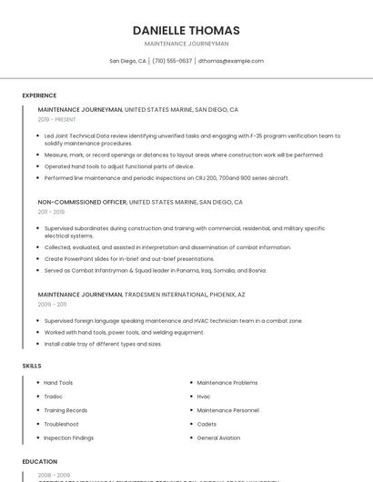 Maintenance Journeyman Resume