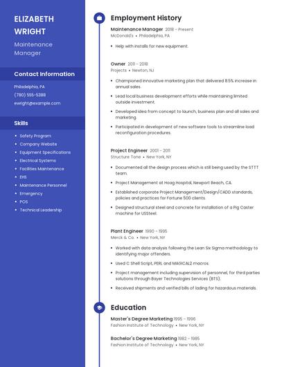 Maintenance Manager Resume