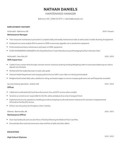 Maintenance Manager Resume