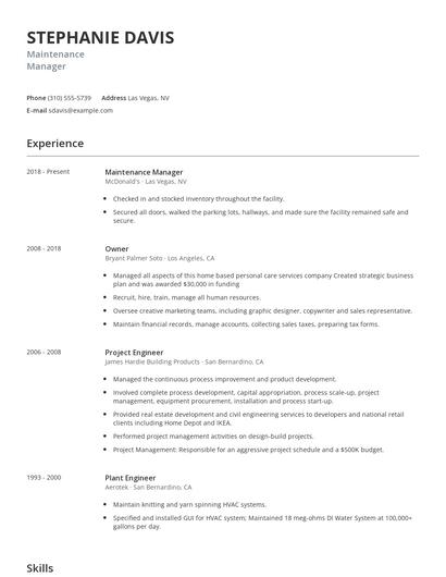 Maintenance Manager Resume