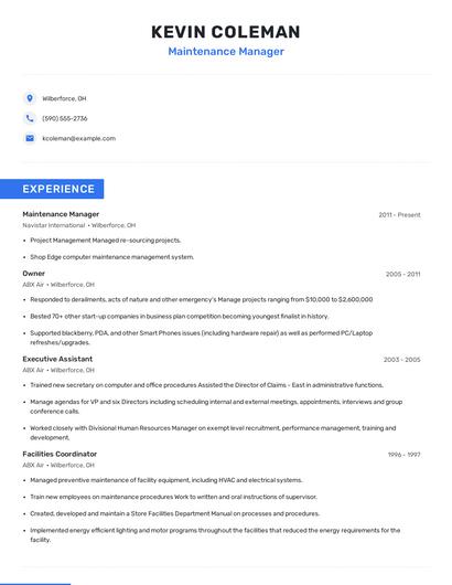 Maintenance Manager Resume