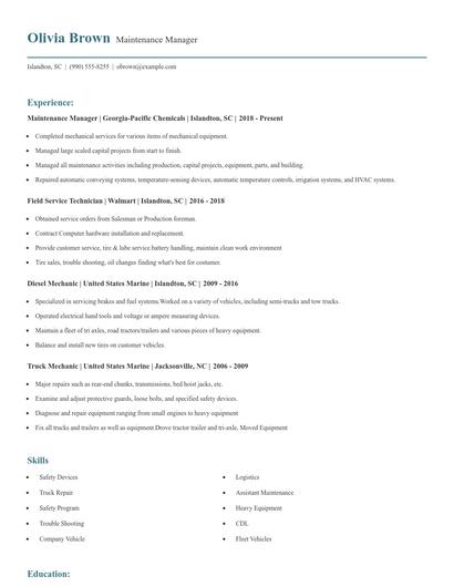 Maintenance Manager Resume