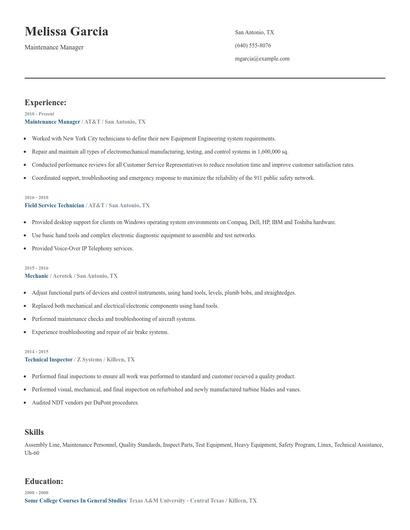 Maintenance Manager Resume