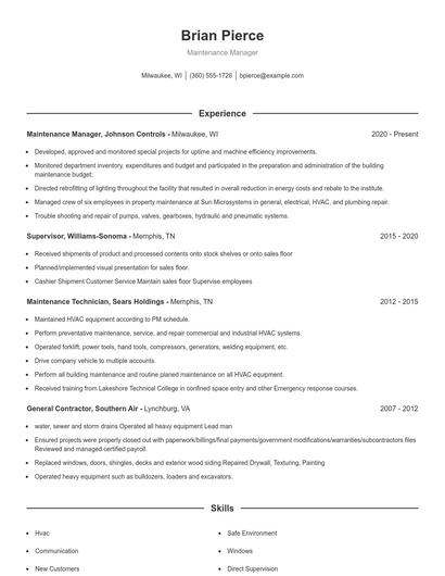 Maintenance Manager Resume