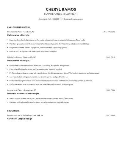 Maintenance Millwright Resume