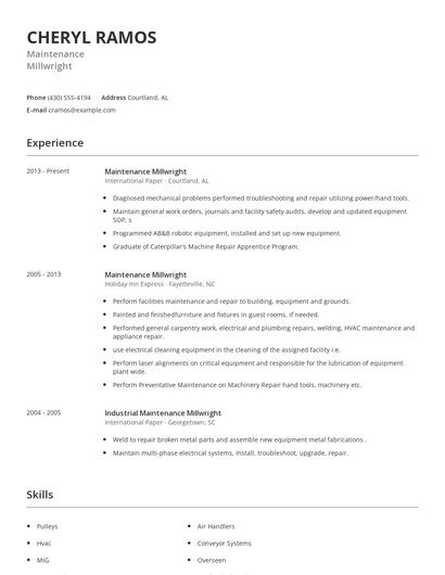Maintenance Millwright Resume