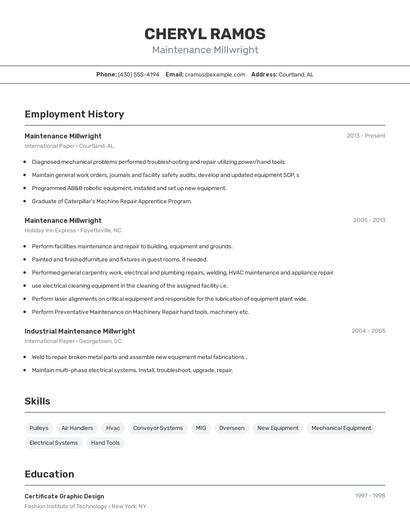 Maintenance Millwright Resume