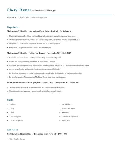 Maintenance Millwright Resume