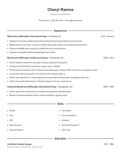 Maintenance Millwright Resume