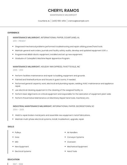 Maintenance Millwright Resume