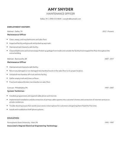 Maintenance Officer Resume