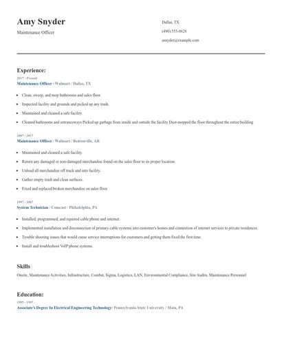 Maintenance Officer Resume