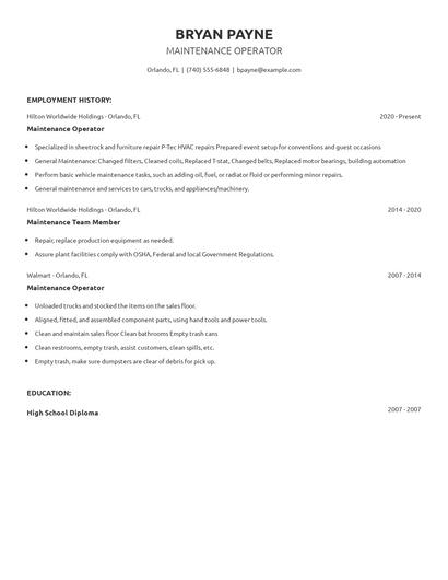 Maintenance Operator Resume