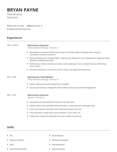 Maintenance Operator Resume