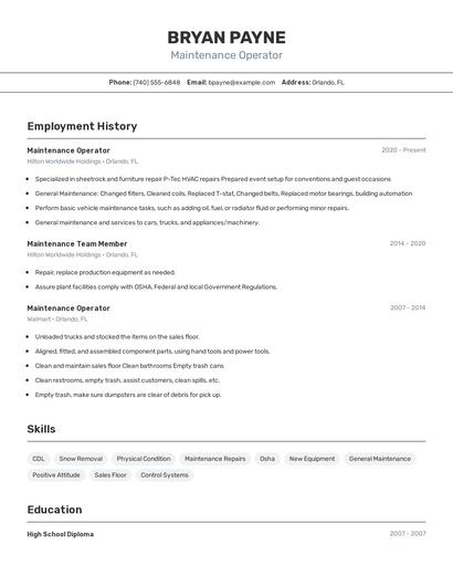 Maintenance Operator Resume