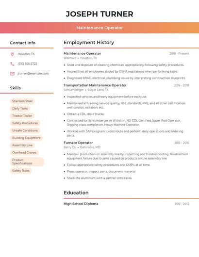 Maintenance Operator Resume